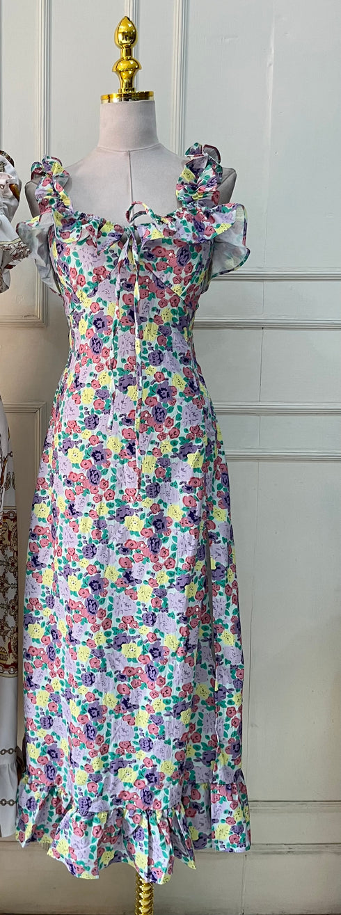 Spring Floral Ruffle Straps Side Slit Dresses